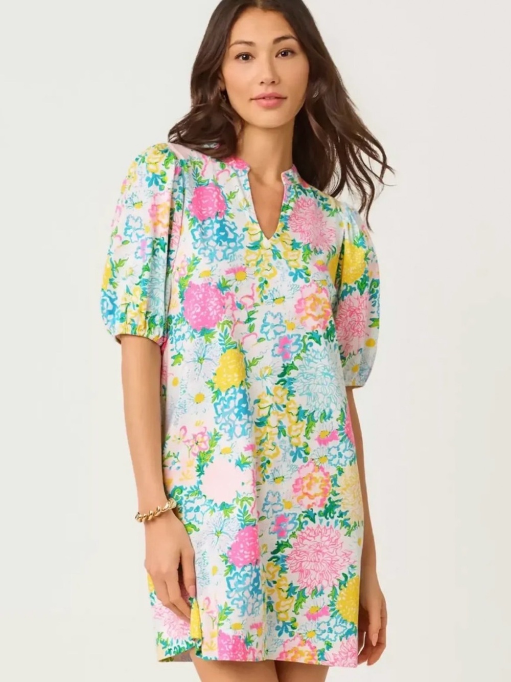 Lilly Pulitzer Pink Yellow Aqua Floral Puff-Sleeve Shift Dress